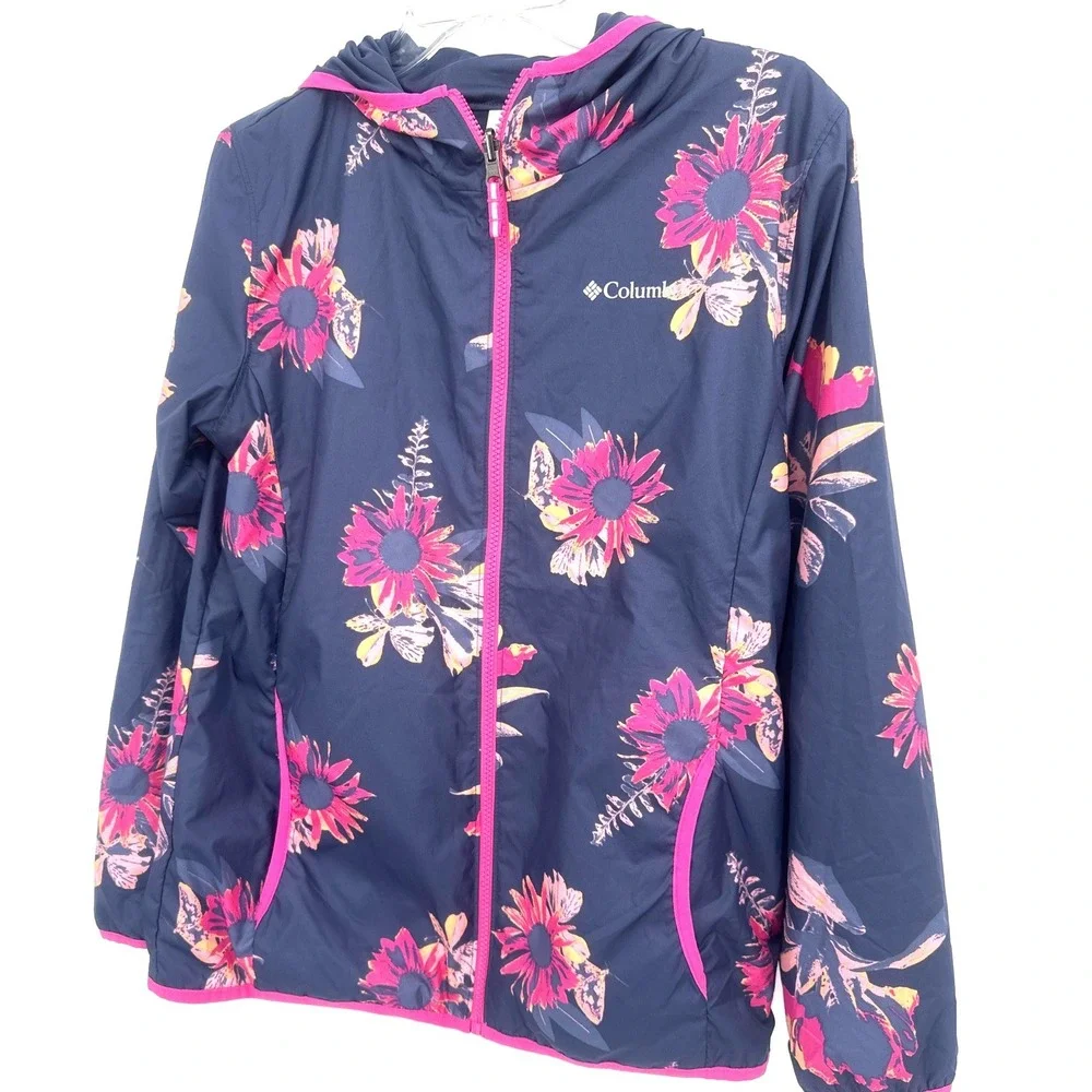 Columbia Girls Jacket XL 18/20 Navy Blue Floral Windbreaker Full Zip Reversible